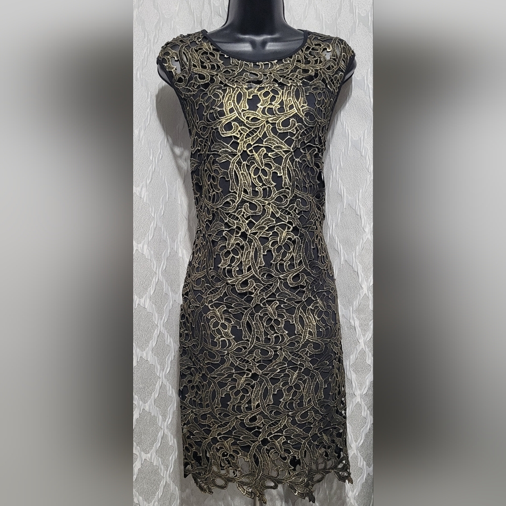 Gianni Bini | Ariana All That Glitters | Black & Gold Lace Midi Cocktail Dress
